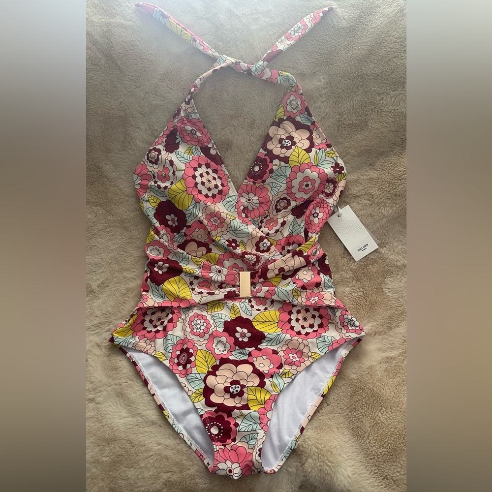 Grace Karin Floral Halter One-Piece Swimsuit nwt in Pink, Yellow, Green